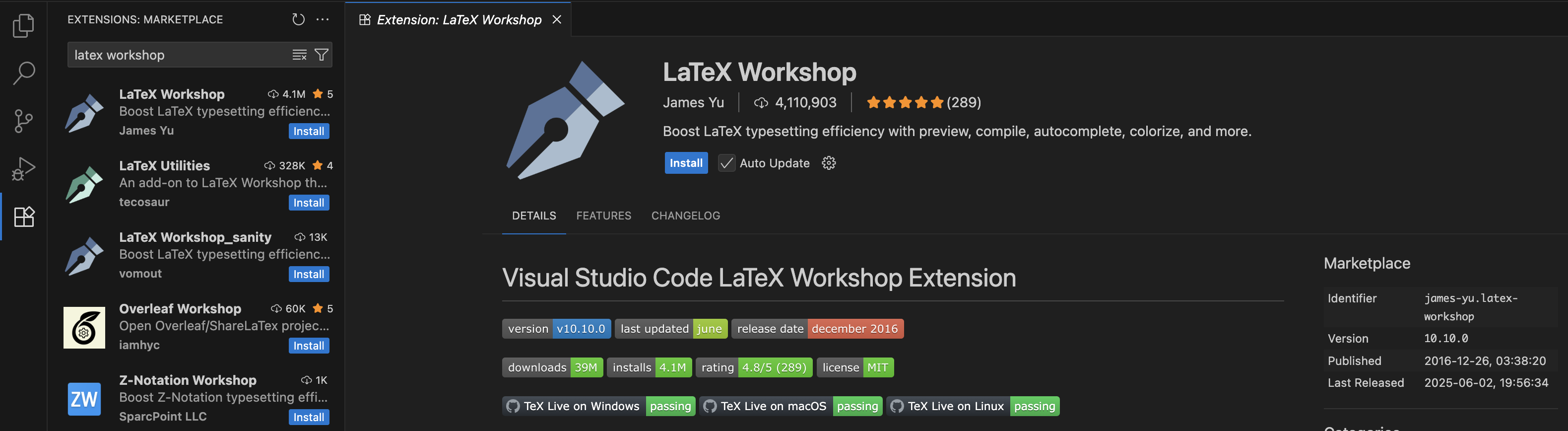 VS Code 扩展市场中的 LaTeX Workshop